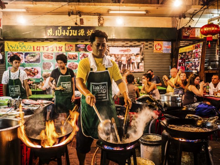 Cooking food in the street Chinatown Bangkok Thailand