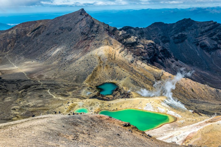 Emerald lakes are volcanic lakes on top of the tongariro volcanic massive, Tongariro crossing, New Zealand