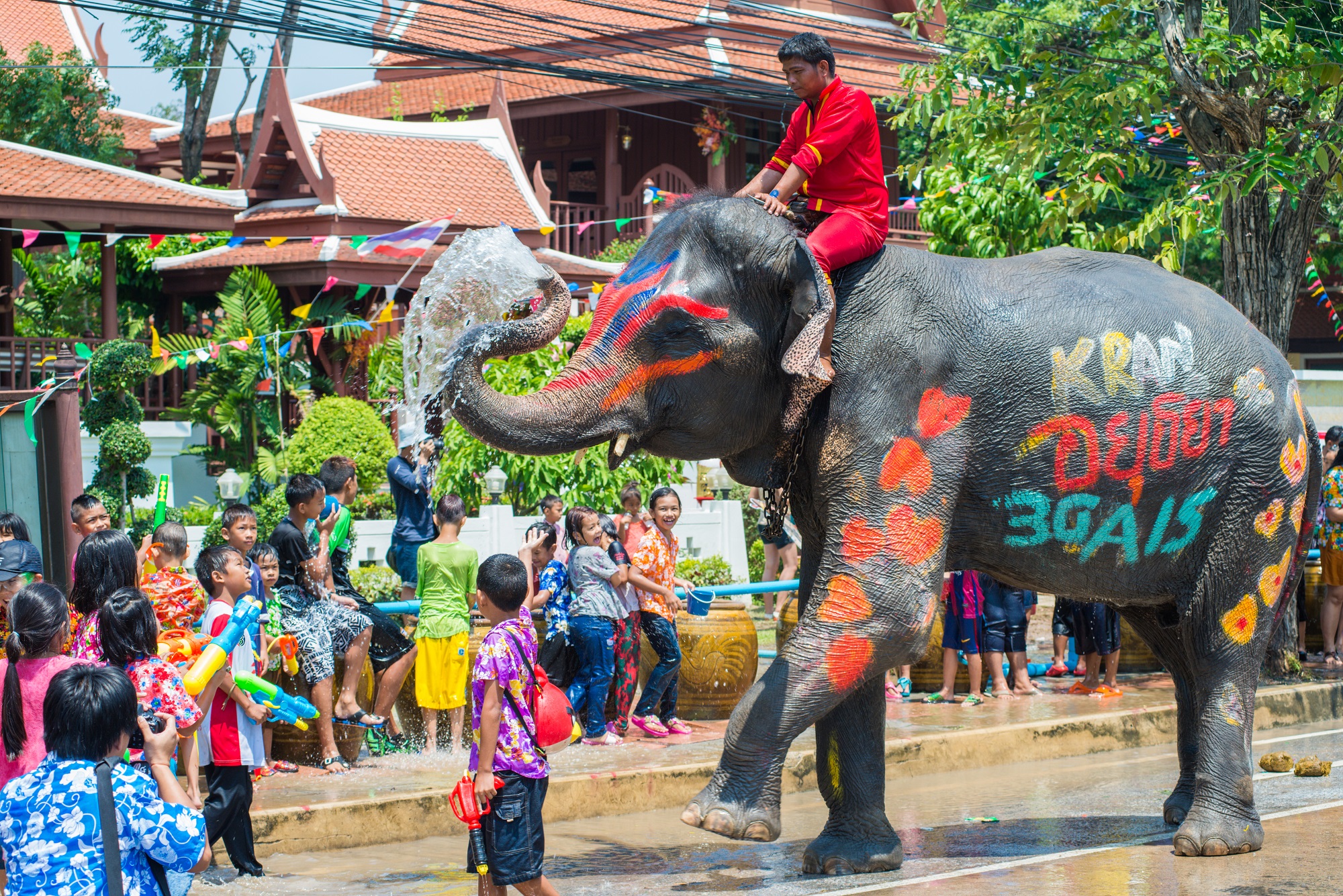 Mann sitzt auf einem bunt bemalten Elefant, Kinder spritzen mit Wasser.