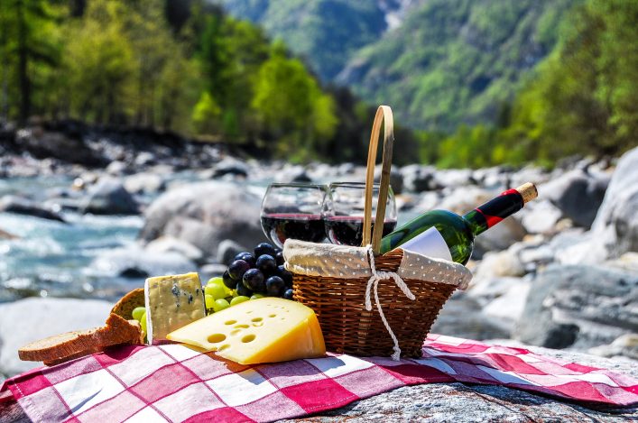 „Red wine, cheese and grapes. Verzasca valley, Switzerland“
