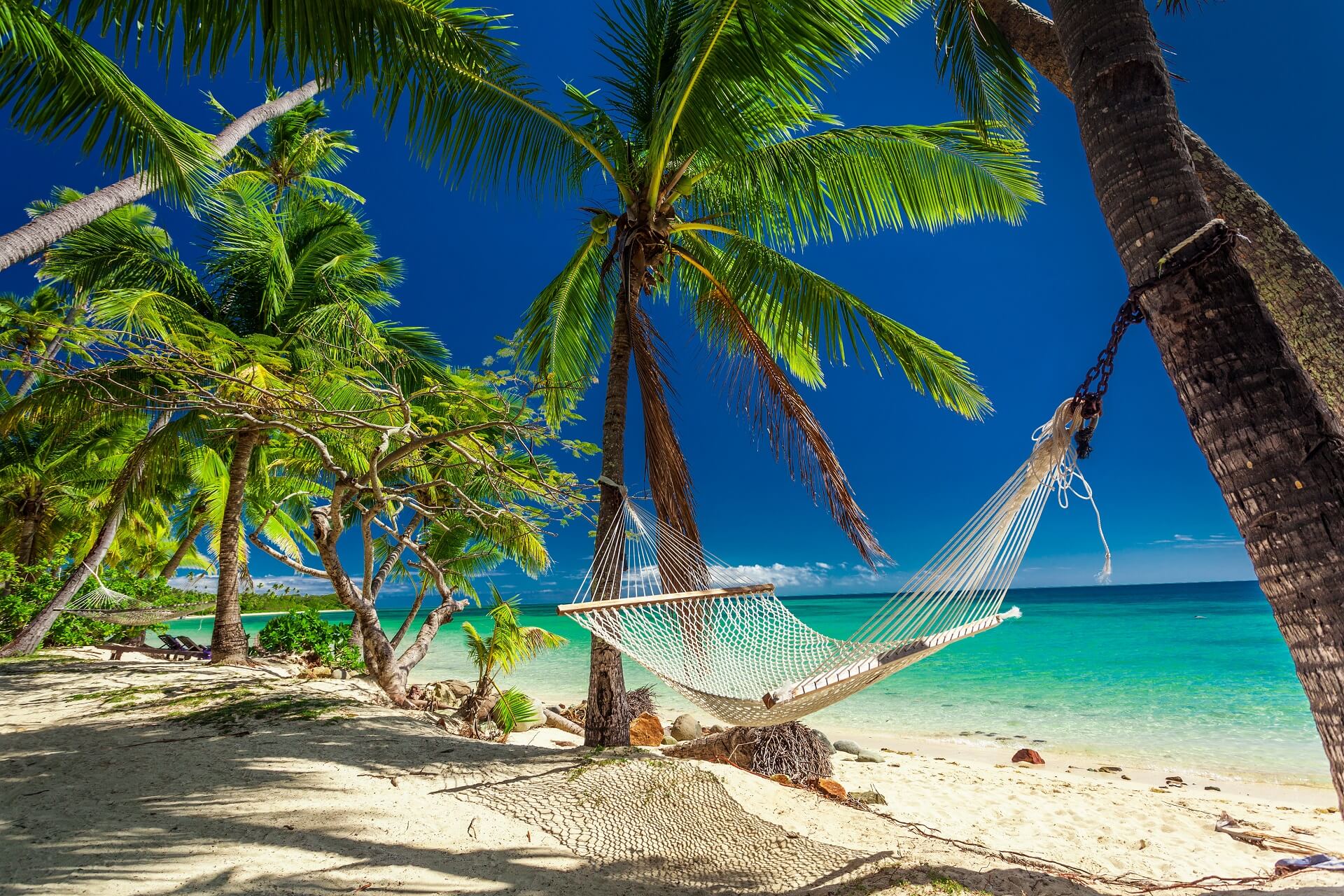 Eine Hängematte am Strand auf den Fidschi Inseln