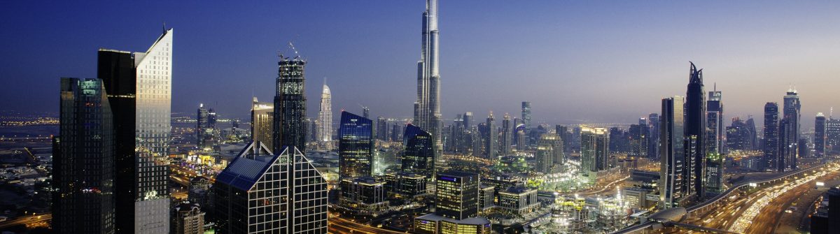 Dubai sky line with traffic junction and Burj Khalifa