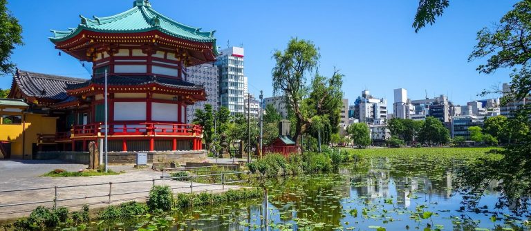 Shinobazu-pond-and-Benten-Hall-Temple-in-Ueno-Tokyo-Japan-shutterstock_777135892