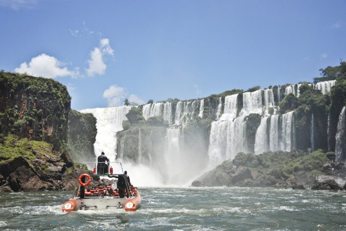 Boat approaching Iguazu Falls