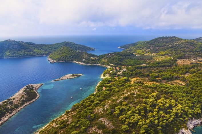 Küste der Insel Mljet in Kroatien mit türkisfarbenem Meer im Vordergrund, dicht bewaldeten grünen Hügeln und vereinzelten Häusern in der Mitte, sowie weitläufigem Meer und Himmel im Hintergrund.