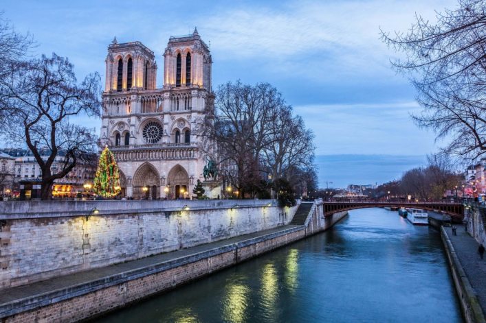 Notre Dame de Paris at dusk, France.