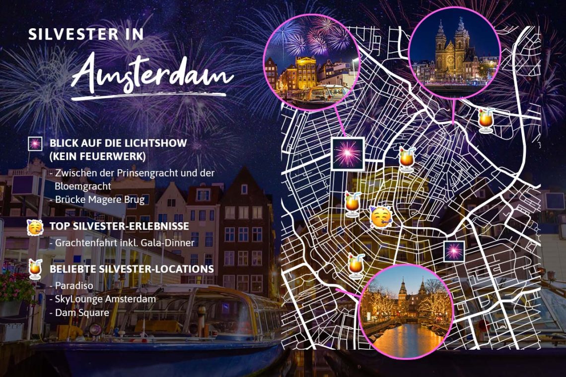 Silvester in Amsterdam: Die beste Sicht auf das Feuerwerk, die coolsten und hippsten Location für eine Silvester-Party sowie die aufregendsten Erlebnisse, die am 31. Dezember auf euch warten, könnt ihr von der folgenden Grafik entnehmen.
