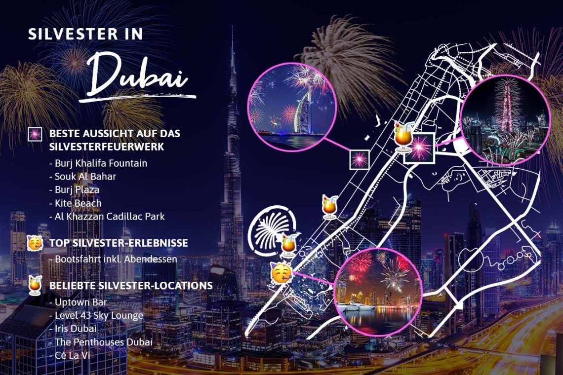 Silvester in Dubai: Die beste Sicht auf das Feuerwerk, die coolsten und hippsten Location für eine Silvester-Party sowie die aufregendsten Erlebnisse, die am 31. Dezember auf euch warten, könnt ihr von der folgenden Grafik entnehmen.