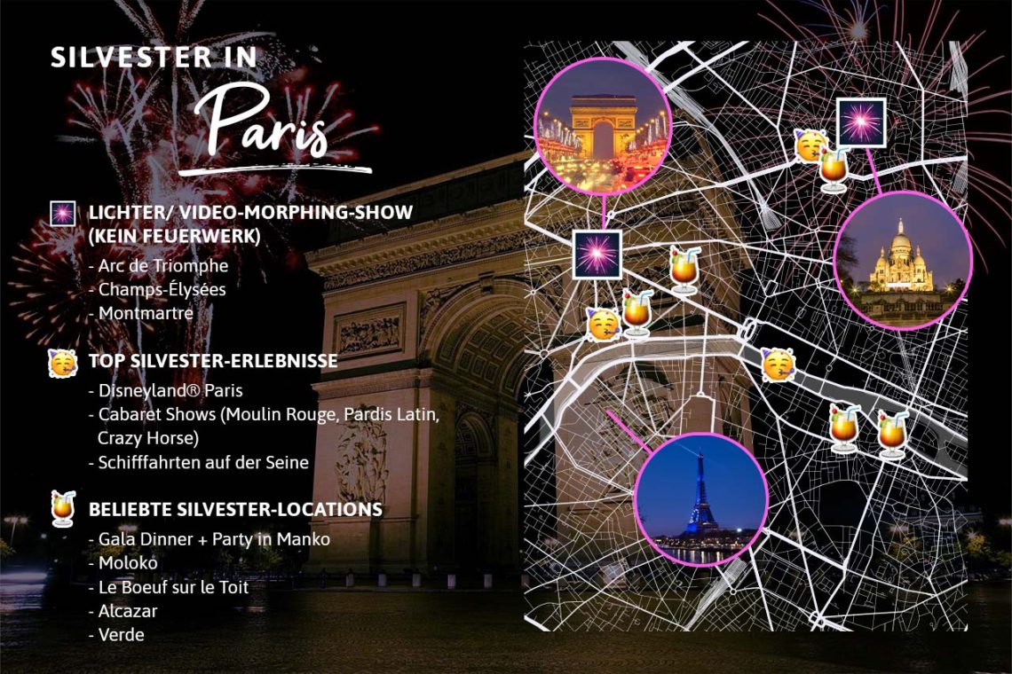 Silvester in Paris: Die beste Sicht auf die große Lichter-Show, die coolsten und hippsten Location für eine Silvester-Party sowie die aufregendsten Erlebnisse, die am 31. Dezember auf euch warten, könnt ihr von der folgenden Grafik entnehmen.