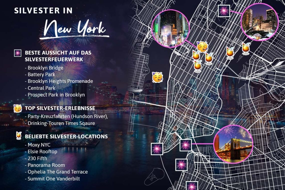 Silvester in New York: Die beste Sicht auf das Feuerwerk, die coolsten und hippsten Location für eine Silvester-Party sowie die aufregendsten Erlebnisse, die am 31. Dezember auf euch warten, könnt ihr von der folgenden Grafik entnehmen.