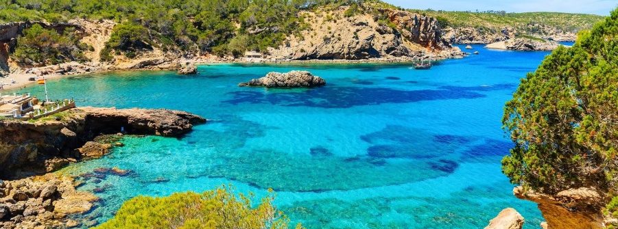 Azurblaues Meer der Bucht Cala Xarraca, Ibiza. Im Vordergrund grüne Büsche, felsige Klippen rechts. Mittelgrund bietet Sandstrand links, umgeben von bewaldeten Hügeln, strahlend blauer Himmel.