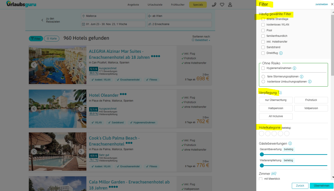 Diese Grafik zeigt, welche Möglichkeiten ihr bei der Filtereinstellung habt. Ihr könnt euch aussuchen, welche Verpflegung ihr möchtet, wie viele Sterne euer Hotel haben soll oder ob das Hotel direkt am Strand sein soll.