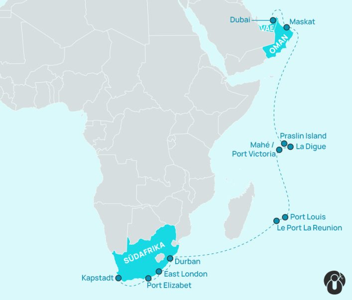 Karte einer Afrika Kreuzfahrtroute. Start in Kapstadt (Südafrika), weiter nach Durban, East London und Port Elizabeth. Route führt dann nordöstlich durch La Digue, Port Louis und endet in Maskat (Oman).