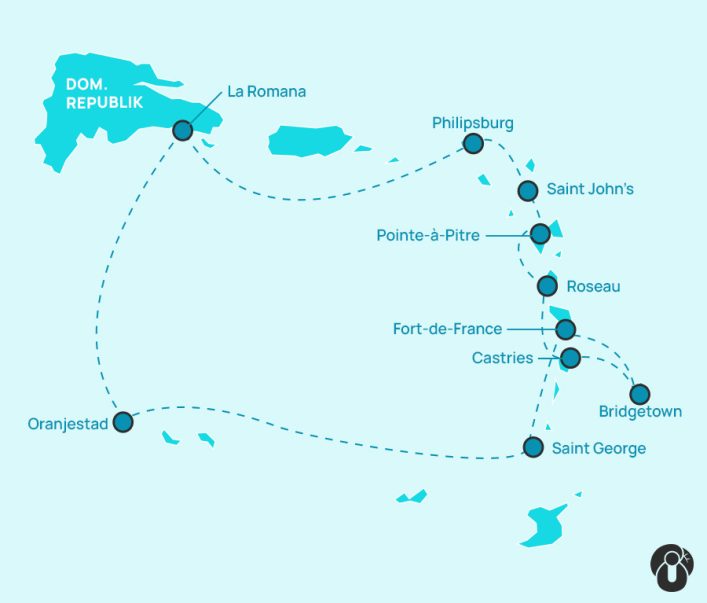 Karibik Kreuzfahrtroute als Karte: Start in La Romana, weiter über Fort-de-France, Philipsburg, Saint John’s, Pointe-à-Pitre, Roseau, Castries, Bridgetown, Saint George, Oranjestadt und zurück nach La Romana.
