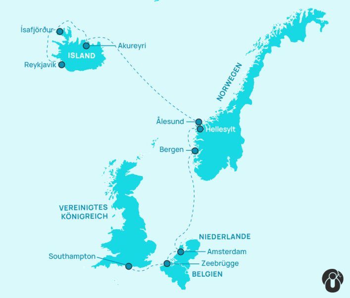 Nordeuropa Kreuzfahrtroute mit Haltepunkten in Reykjavik, Ísafjörður, Akureyri (Island), Ålesund, Hellesylt, Bergen (Norwegen), Amsterdam (Niederlande), Zeebrügge (Belgien) und Southampton (Vereinigtes Königreich).