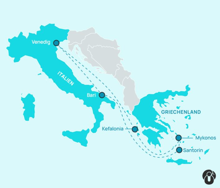 Karte der Östliches Mittelmeer Kreuzfahrtroute mit Start in Venedig. Route führt über Bari und Kefalonia bis nach Mykonos und Santorin. Italien und Griechenland sind hervorgehoben. Pfeile markieren die Reiseroute.