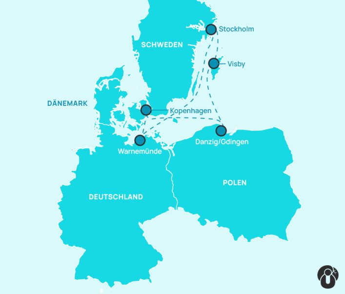 Karte zeigt eine Kreuzfahrtroute durch den Orient. Markierte Stopps sind Abu Dhabi, Dubai und Maskat, sowie eine Route zwischen diesen Städten.