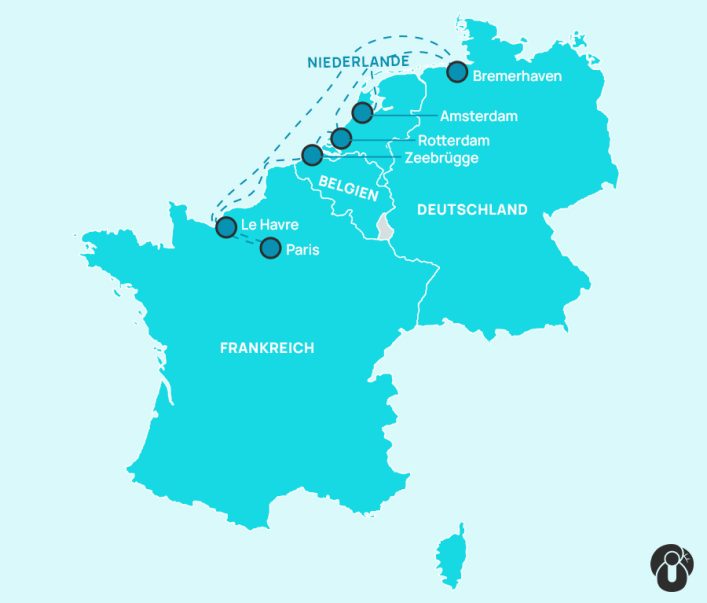Karte der Westeuropa Kreuzfahrtroute mit Stationen in Bremerhaven, Amsterdam, Rotterdam, Zeebrügge, Le Havre und Paris. Länder Niederlande, Belgien, Deutschland und Frankreich sind markiert.