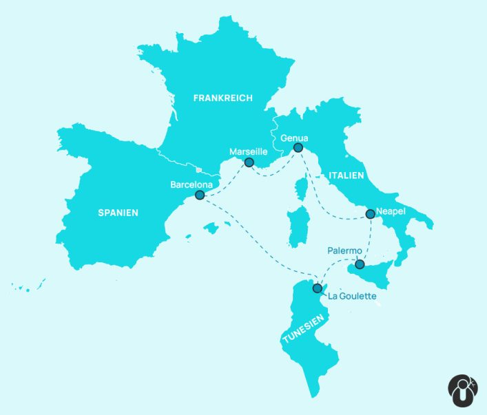Karte der westlichen Mittelmeer Kreuzfahrtroute: Start in Barcelona (Spanien), dann Marseille (Frankreich), weiter nach Genua, Neapel und Palermo (Italien), und schließlich La Goulette (Tunesien).