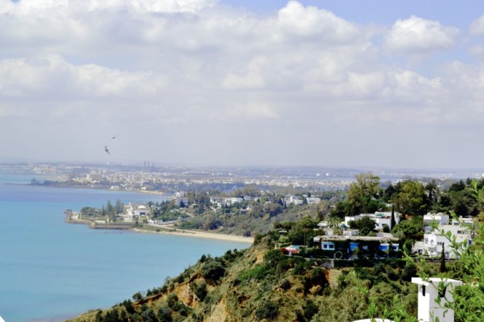 Küstenpanorama von La Goulette, Tunis, mit blauem Meer, bewachsenem Steilhang im Vordergrund und Stadtansicht in der Ferne.