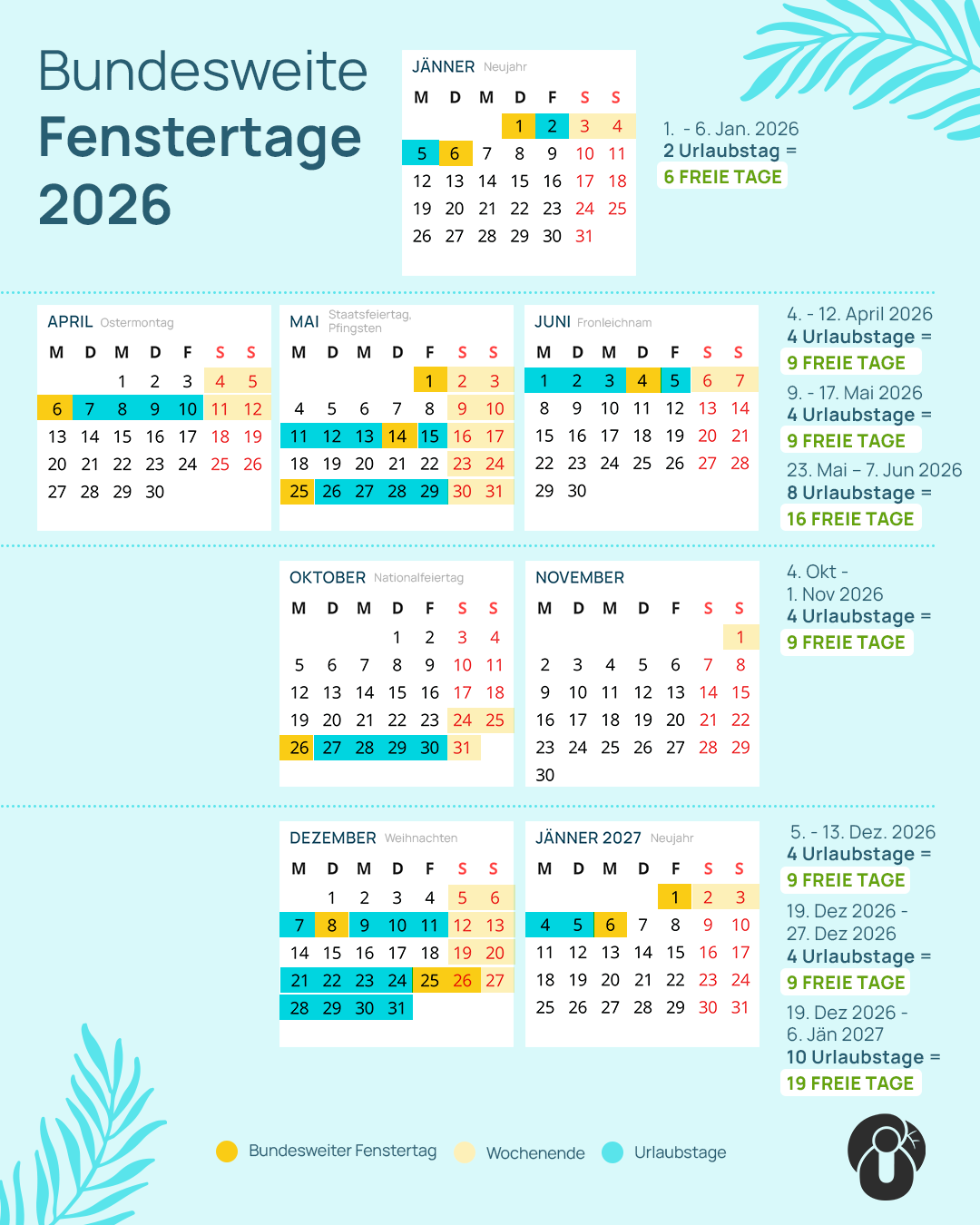 Zwickeltage & Fenstertage 2026 in Österreich - Urlaub clever planen